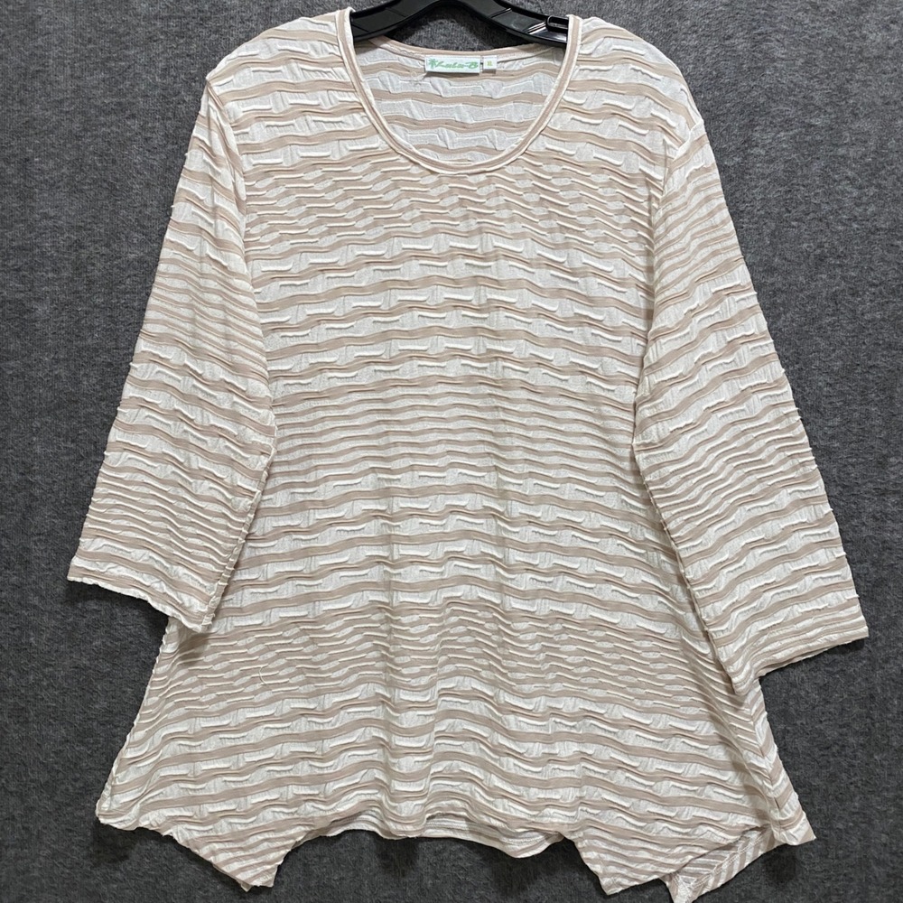 Lulu B Tunic Top Womens‎ XL Beige White Asymmetrical Textured Stripe 3/4 Sleeve